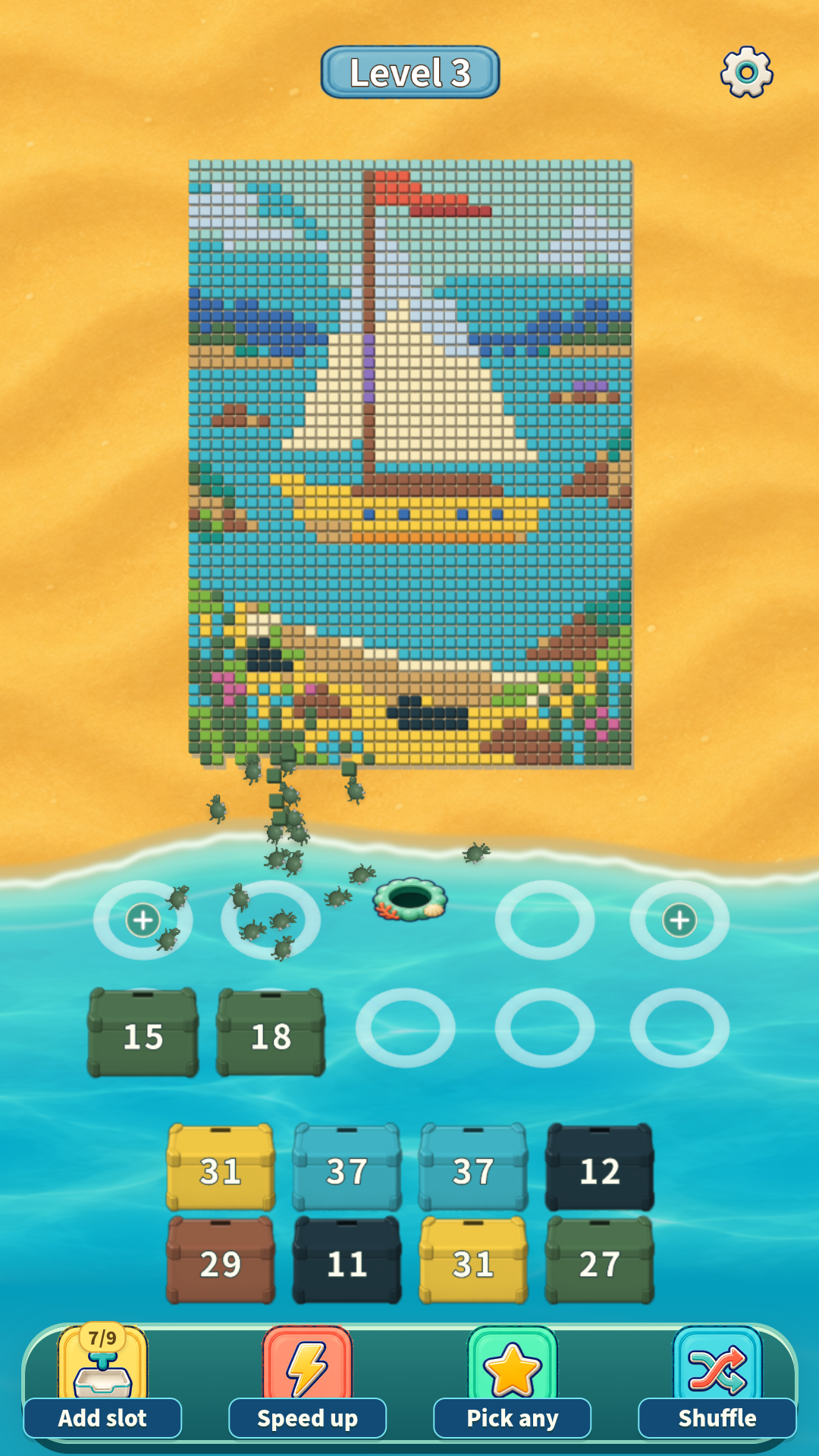 Cozy Crabs gameplay: a sailboat pixel puzzle, colorful crates and little companions on a sandy beach.